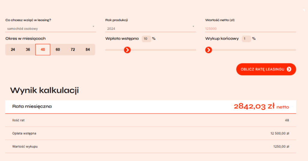 wariant bazowy: 125 000 zł netto / 10% wpłaty / 48 miesięcy / 1% wykupu / rata 2842,03 zł netto)